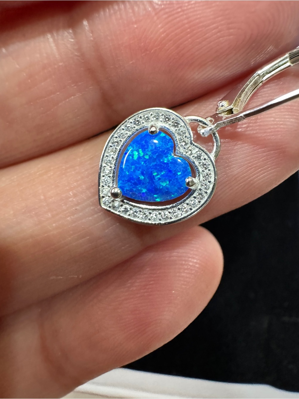 Blue Opal 925 Sterling Silver Heart Drop Earrings with Blue Opal Inlay - Picture 6 of 12